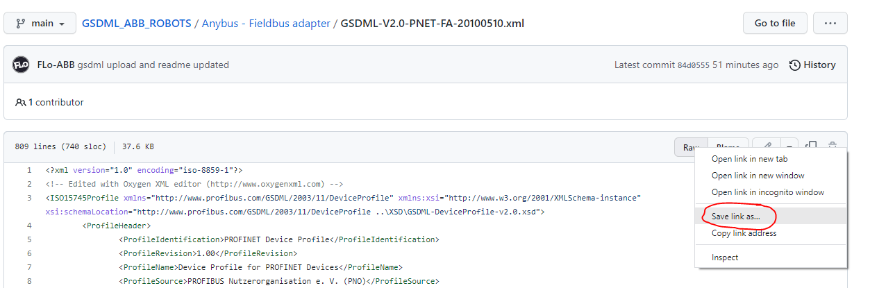 image explaining how to download a gsdml file on githun