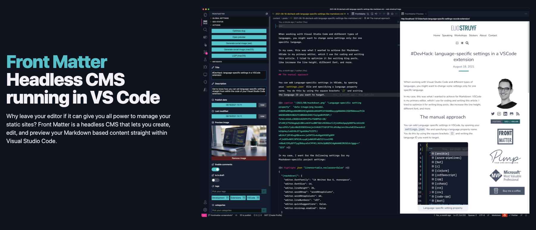 Banner view of Front Matter, showing the extension with the a heading that reads "Headless CMD running in VS Code"