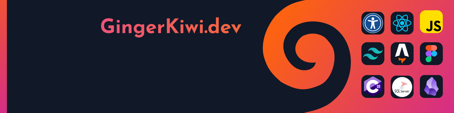 Horizontal rectangular graphic. Dark blue background with orange to pink gradient design elements and text.From right to left: gradient vertical bordertext: GingerKiwi.devThe right third is a swirl and rectangle joined to make a gradient background.There's 9 icons in a grid. Accessibility, React JavaScript,Tailwind CSS, Astro, Figma,C#, MS SQL Server, Obsidian