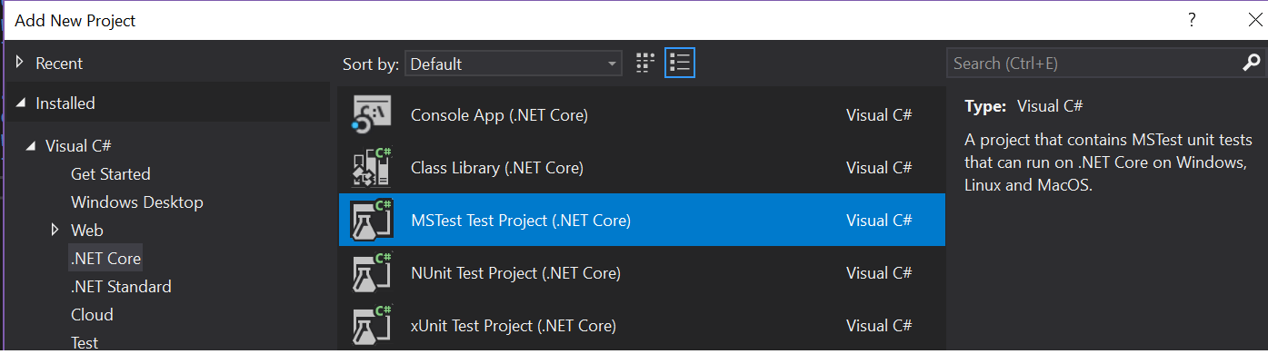 Screenshot showing a new .NET Core MS Test project