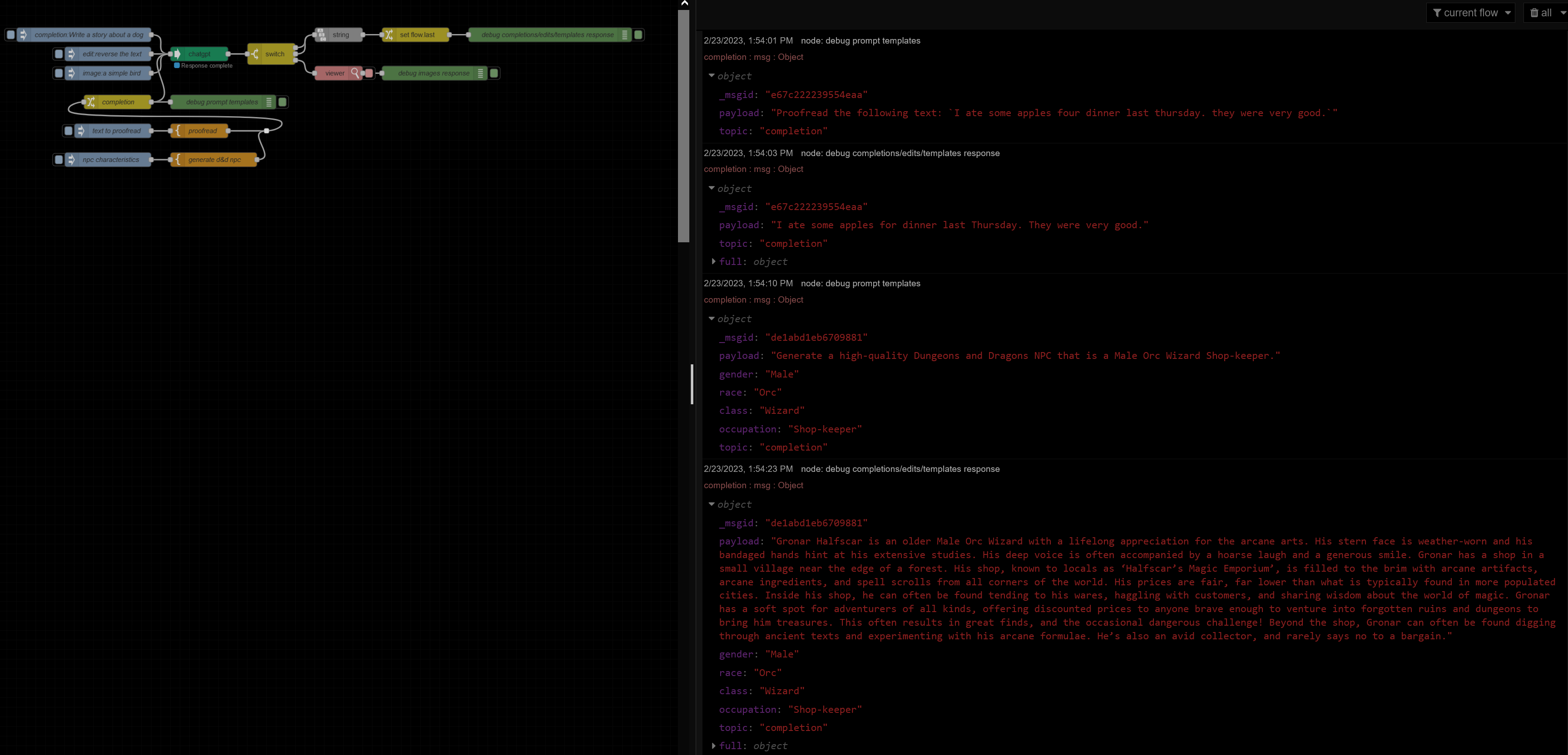 Screenshot illustrating advanced usage of node-red-contrib-custom-chatgpt with templates