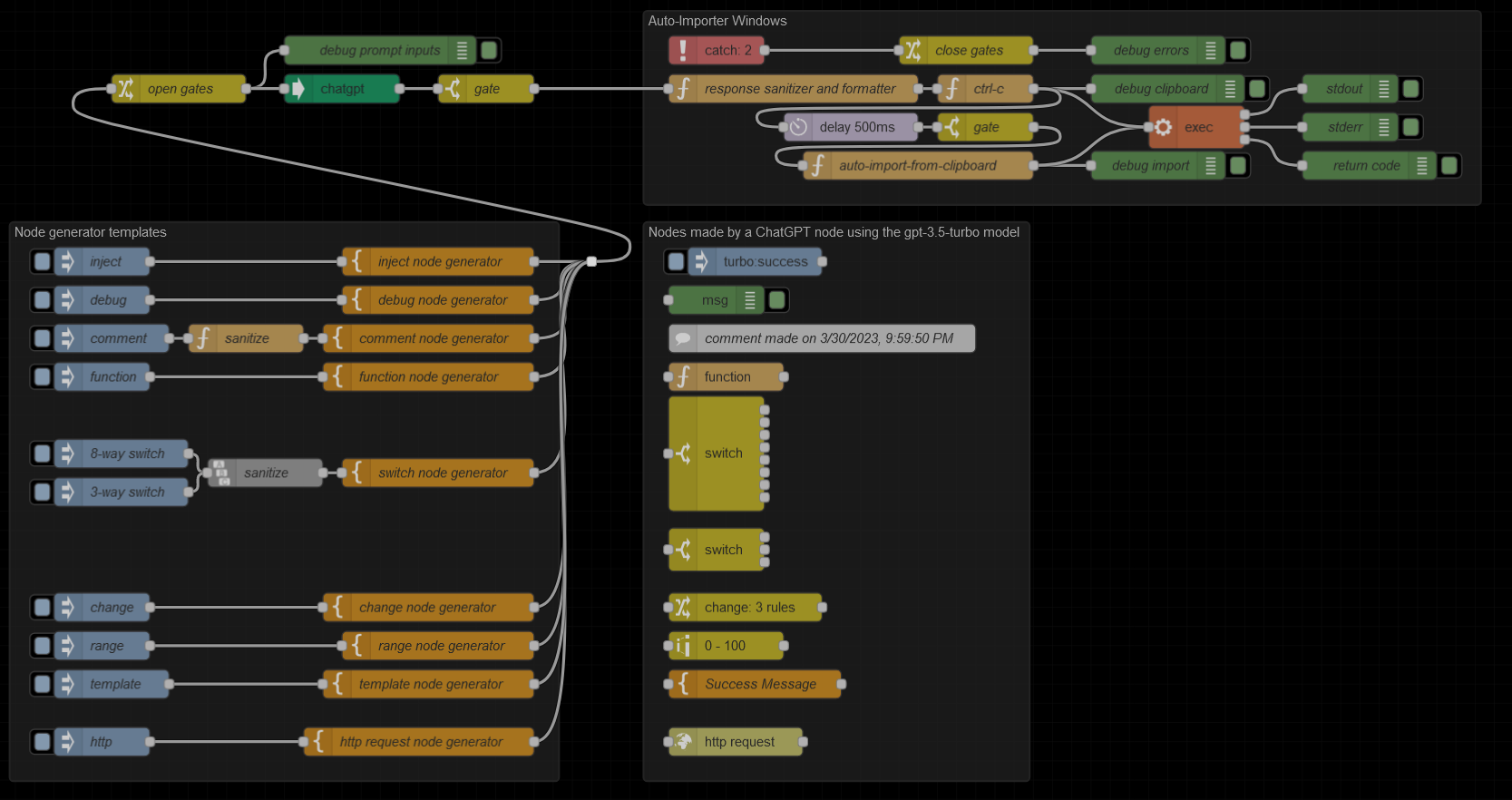 Screenshot of an additional example demonstrating the generation of Node-RED nodes and their automatic import into the editor using node-red-contrib-custom-chatgpt