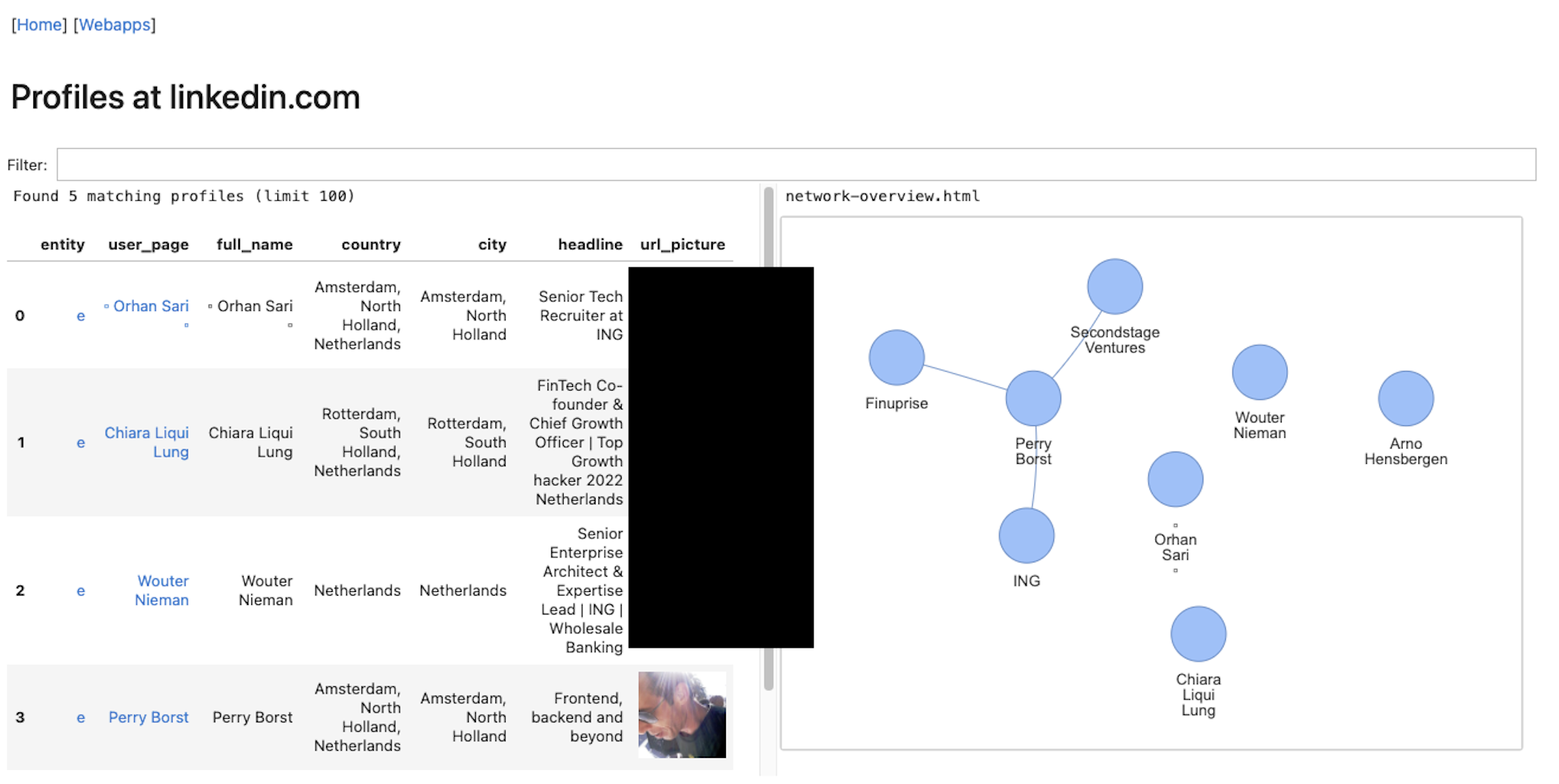 Overview of profiles and relationships (companies) on linkedin.com