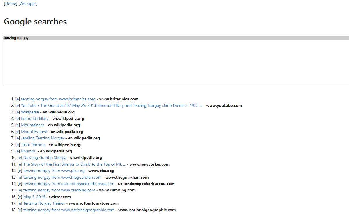 Results from Tenzing Norgay search in Google Search Notebook