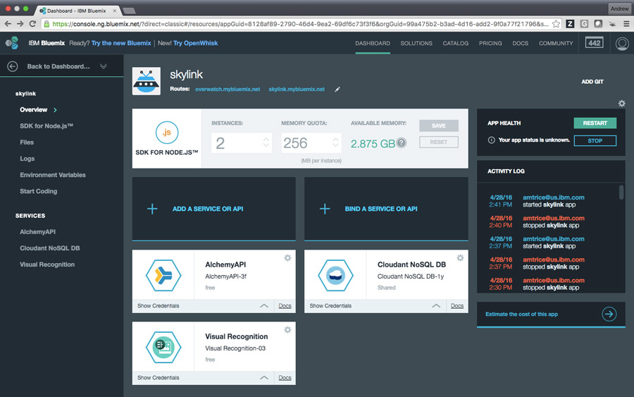 screenshot of bluemix app configuration