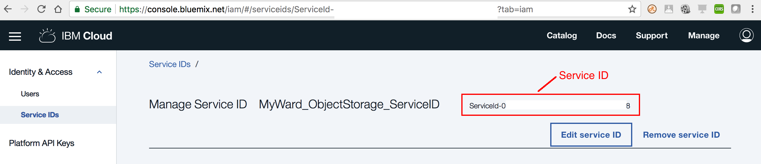 Copy Service ID from IBM Cloud Identity and Access Management dashboard