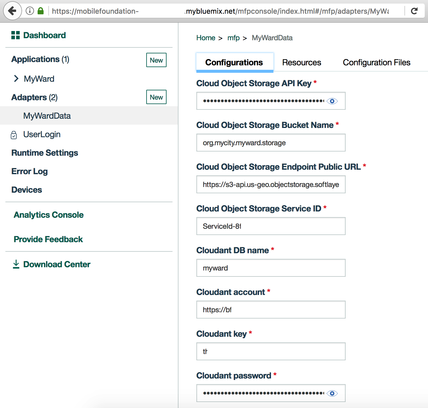 Option to specify the configuration properties for accessing Cloudant NoSQL DB and Cloud Object Storage in deployed MFP Adapter