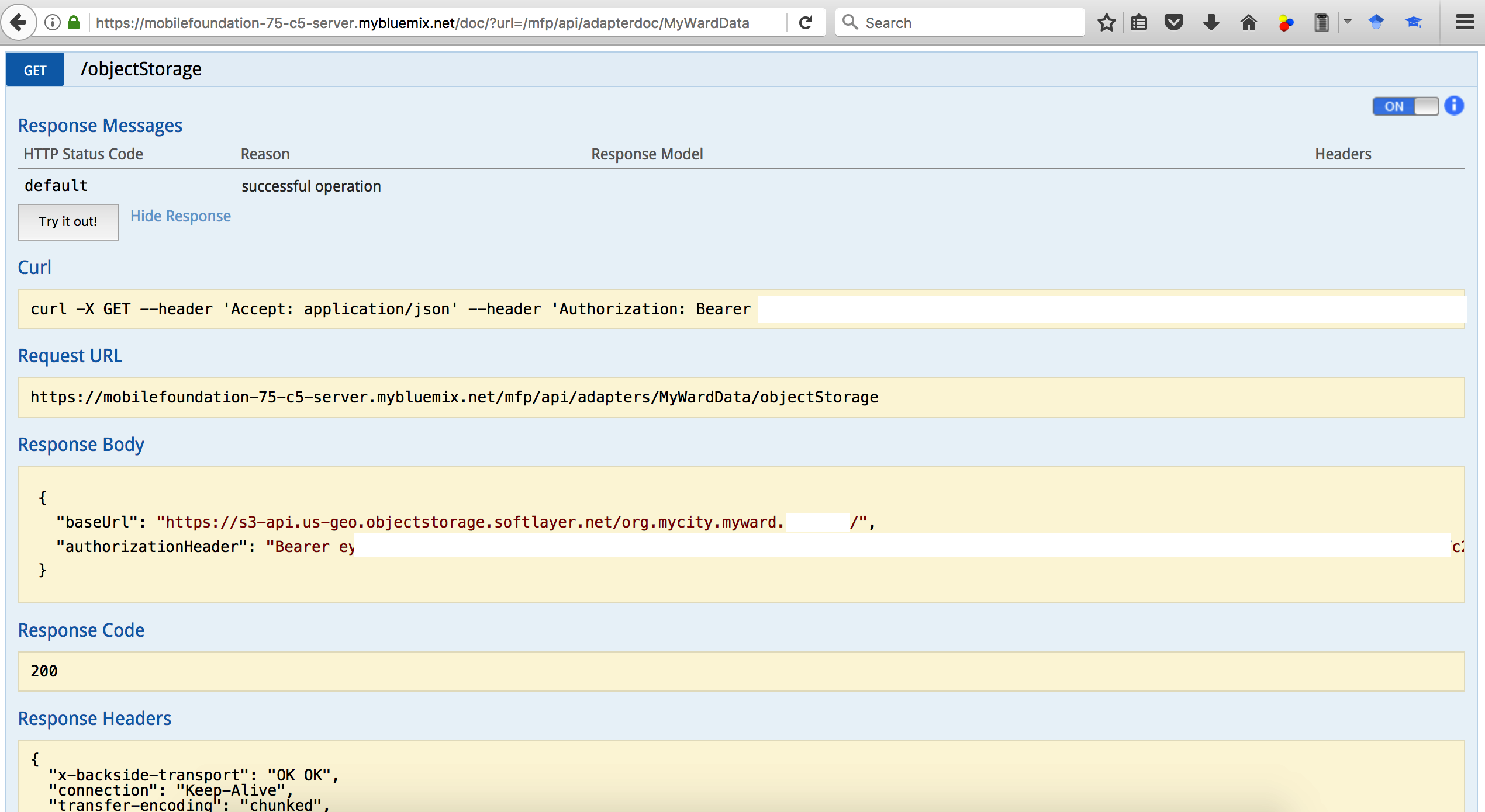 Test the newly added API in MFP Adapter for getting Cloud Object Storage Authorization token