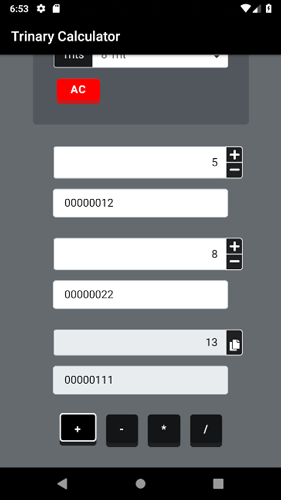 Trinary Calculator Addition Subtraction Multiplication Division NOT AND OR XOR Mobile (Smartphone)