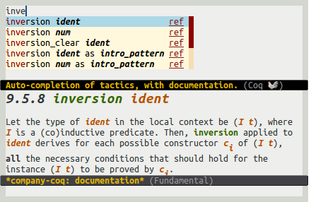 Auto-completion of tactics, with documentation