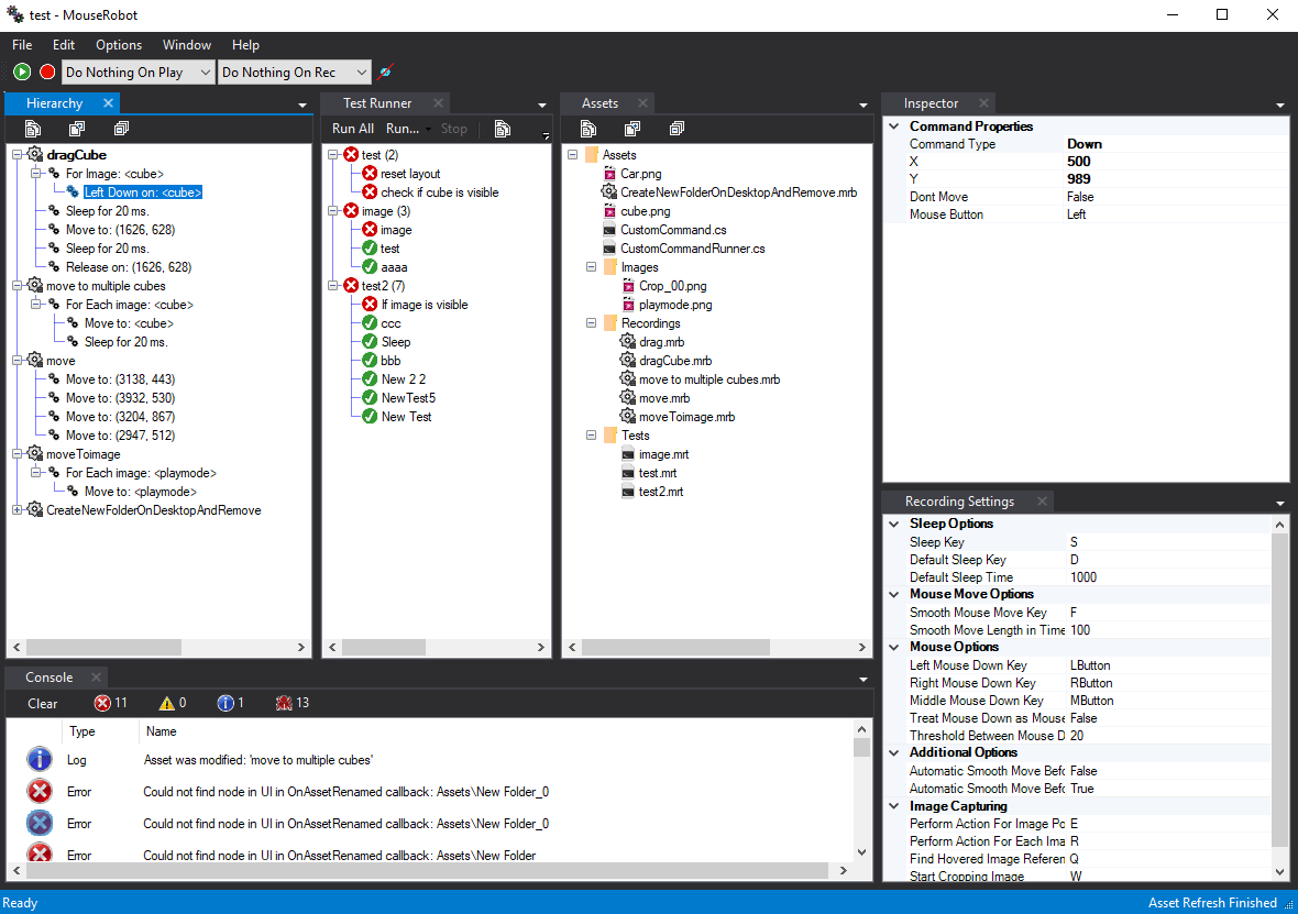 Main window with visible Hierarhcy, Test Runner, Assets window, Inspector window, Settings window and Console window