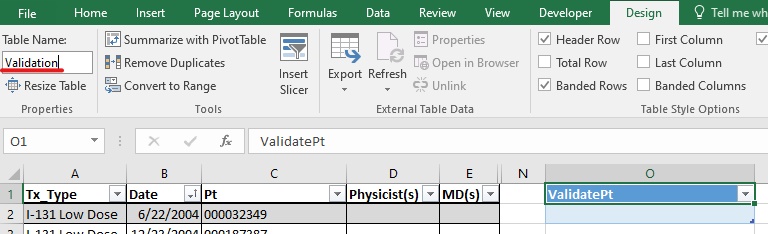 Validation table name