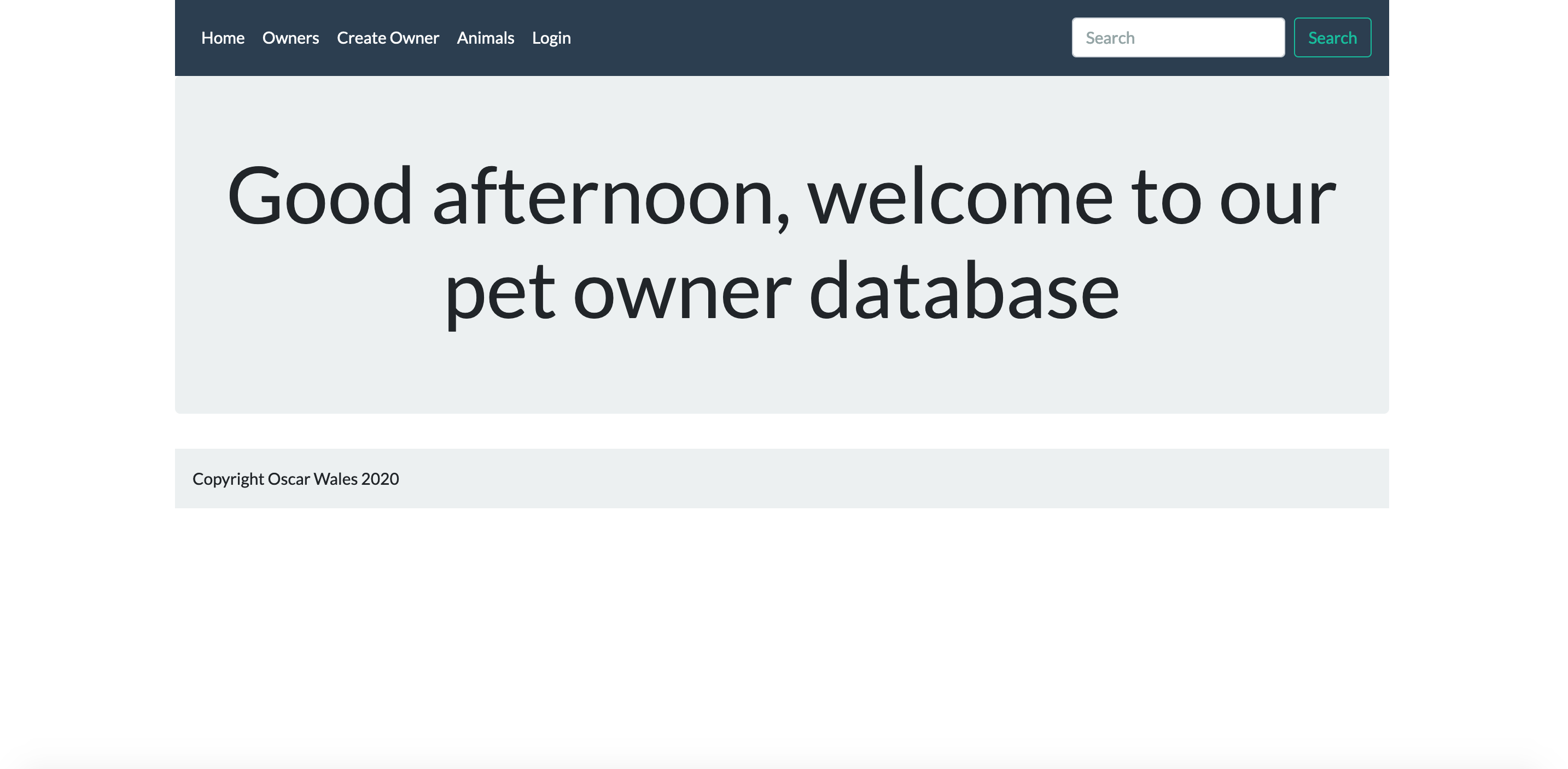 Screen shot of pet database homepage