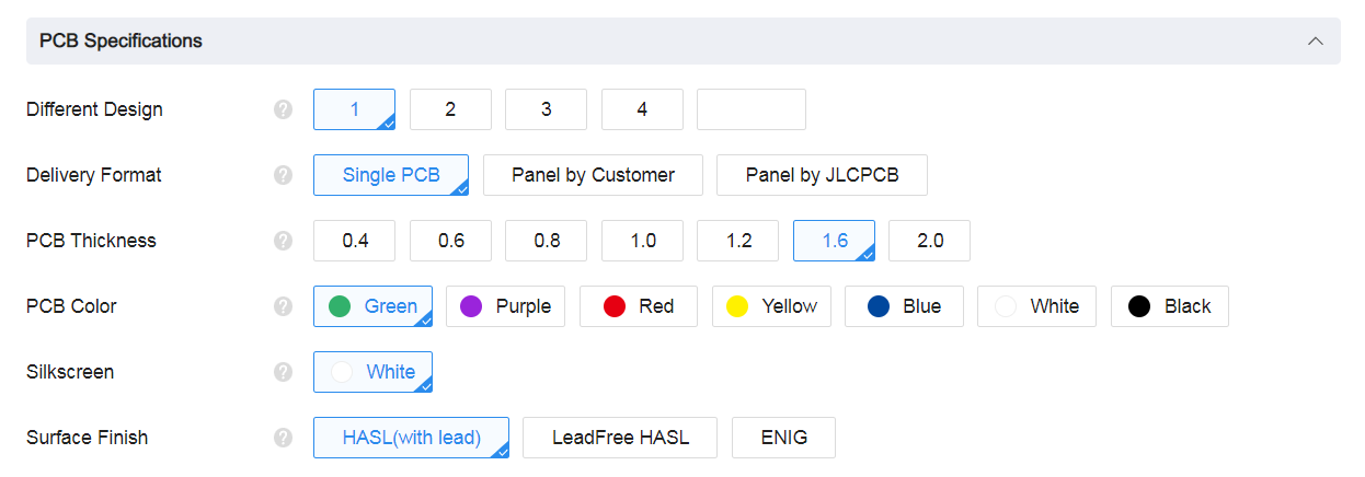 PCB specifications for JLCPCB