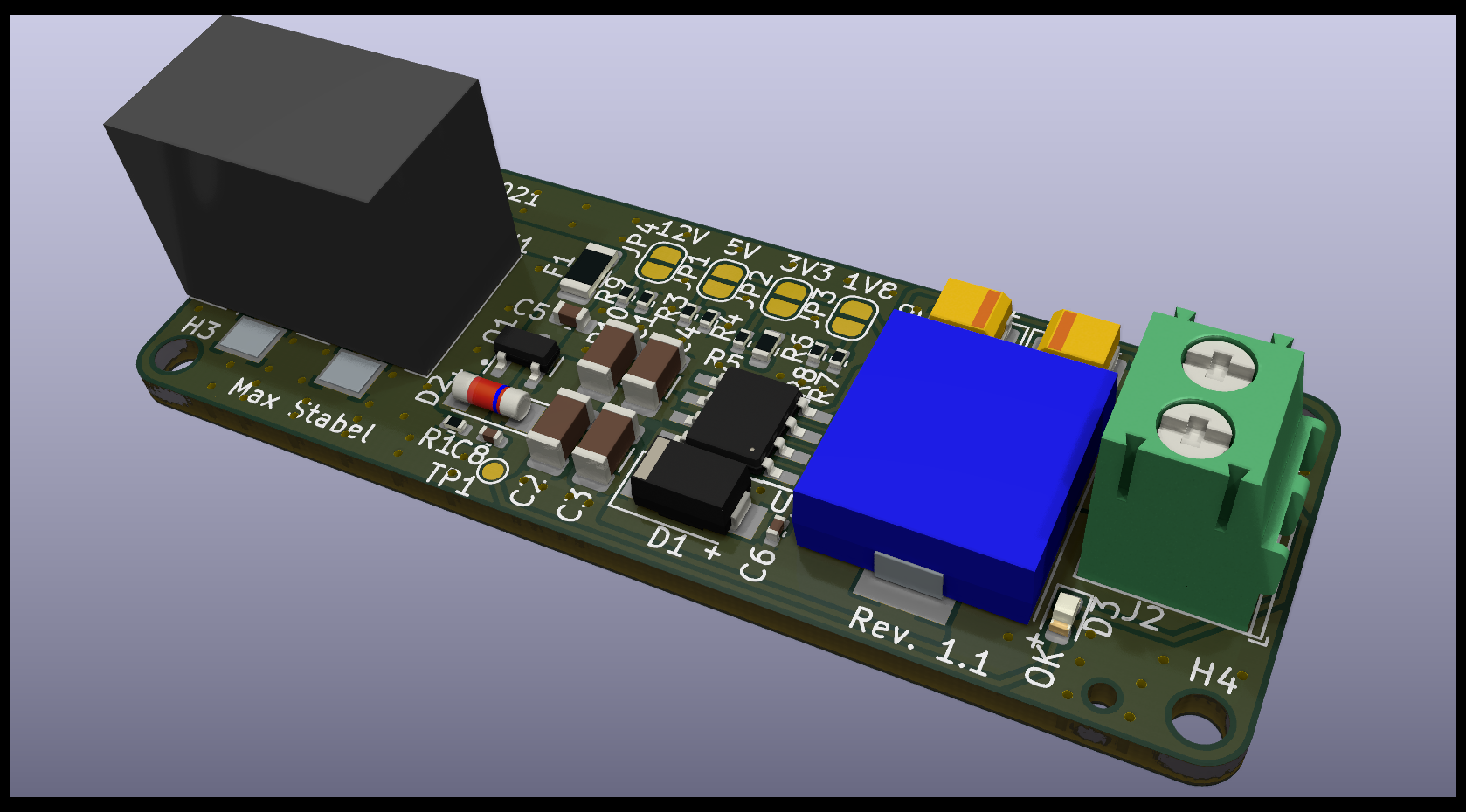 Raytrace 3D rendered image of the TPS5430 board
