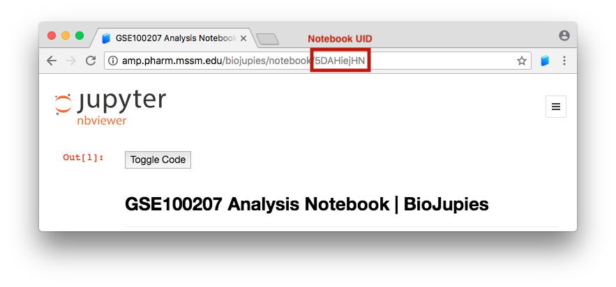 Screenshot of the a BioJupies notebook UID.