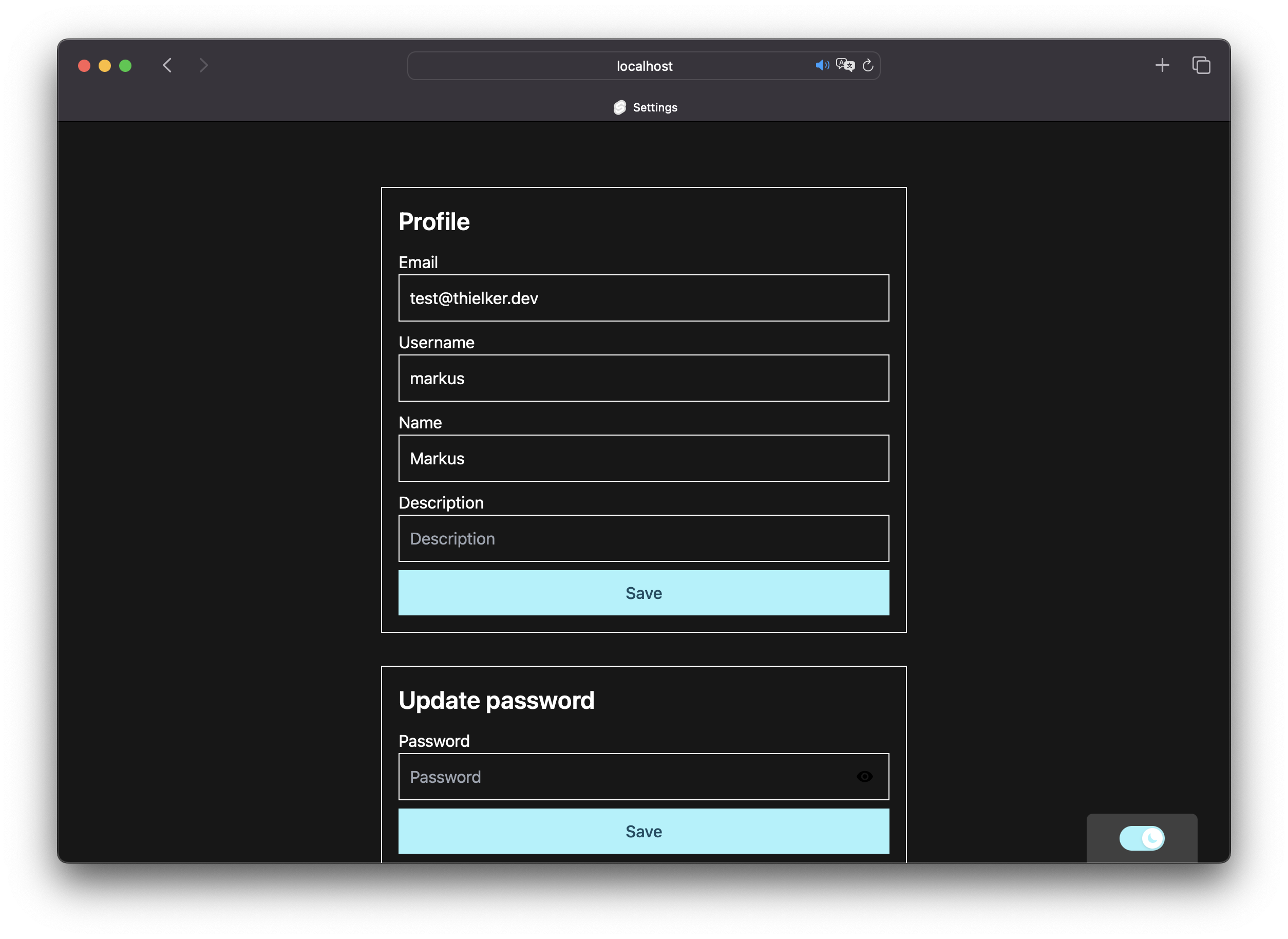 A browser window showing the settings page of the authentication UI in dark mode