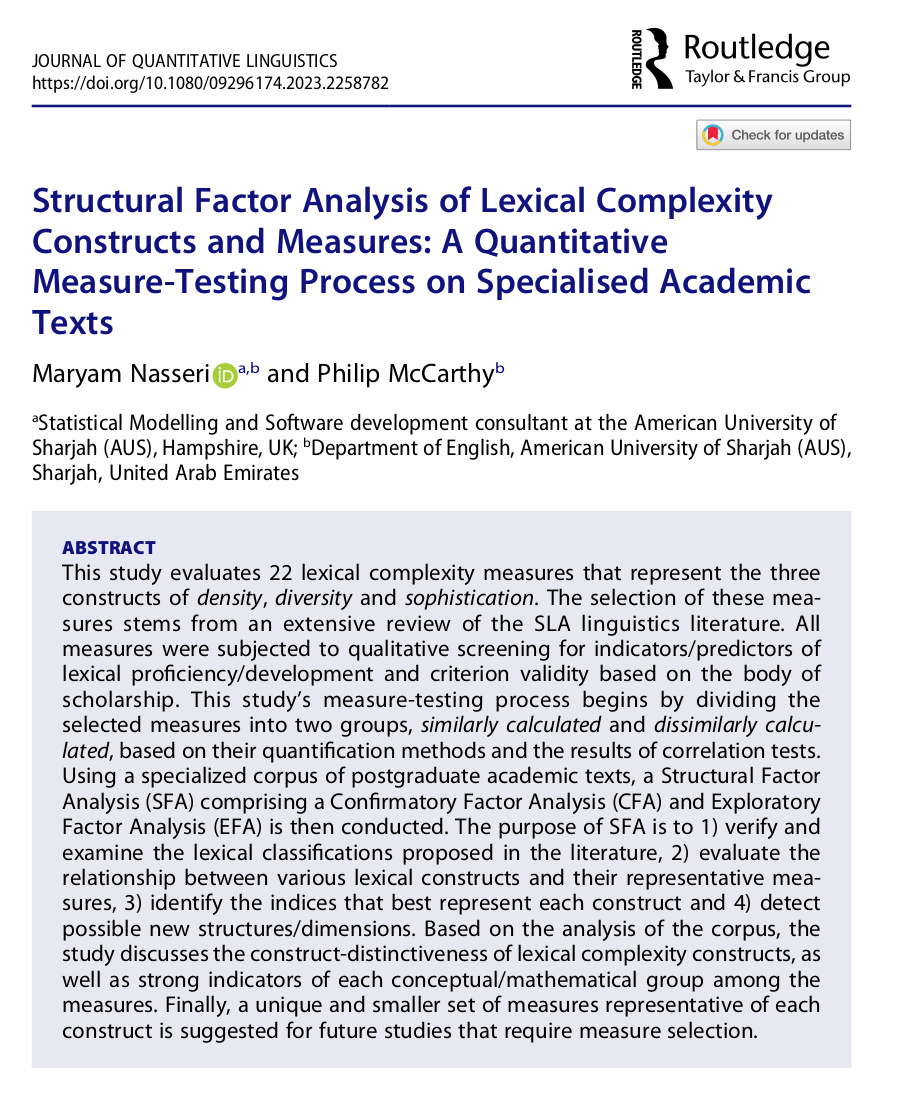 Screenshot of the abstract of the journal article Structural Factor Analysis of Lexical Complexity Constructs and Measures.