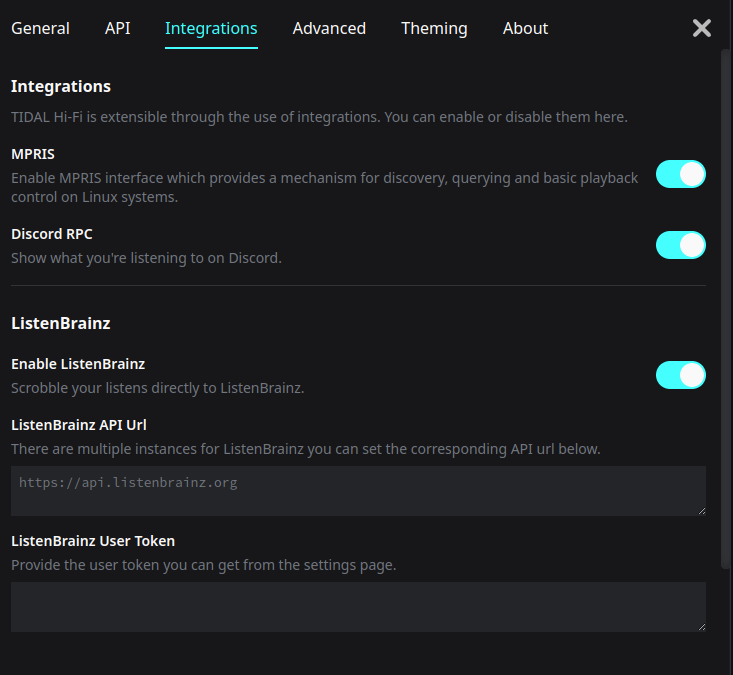 integrations menu, showing a list of integrations
