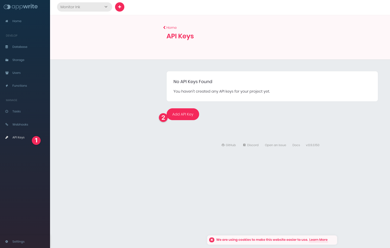 API keys page screenshot