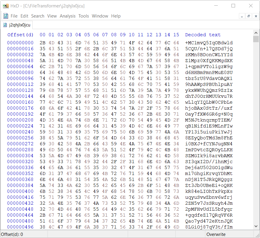 HxD hex preview of a transformed file