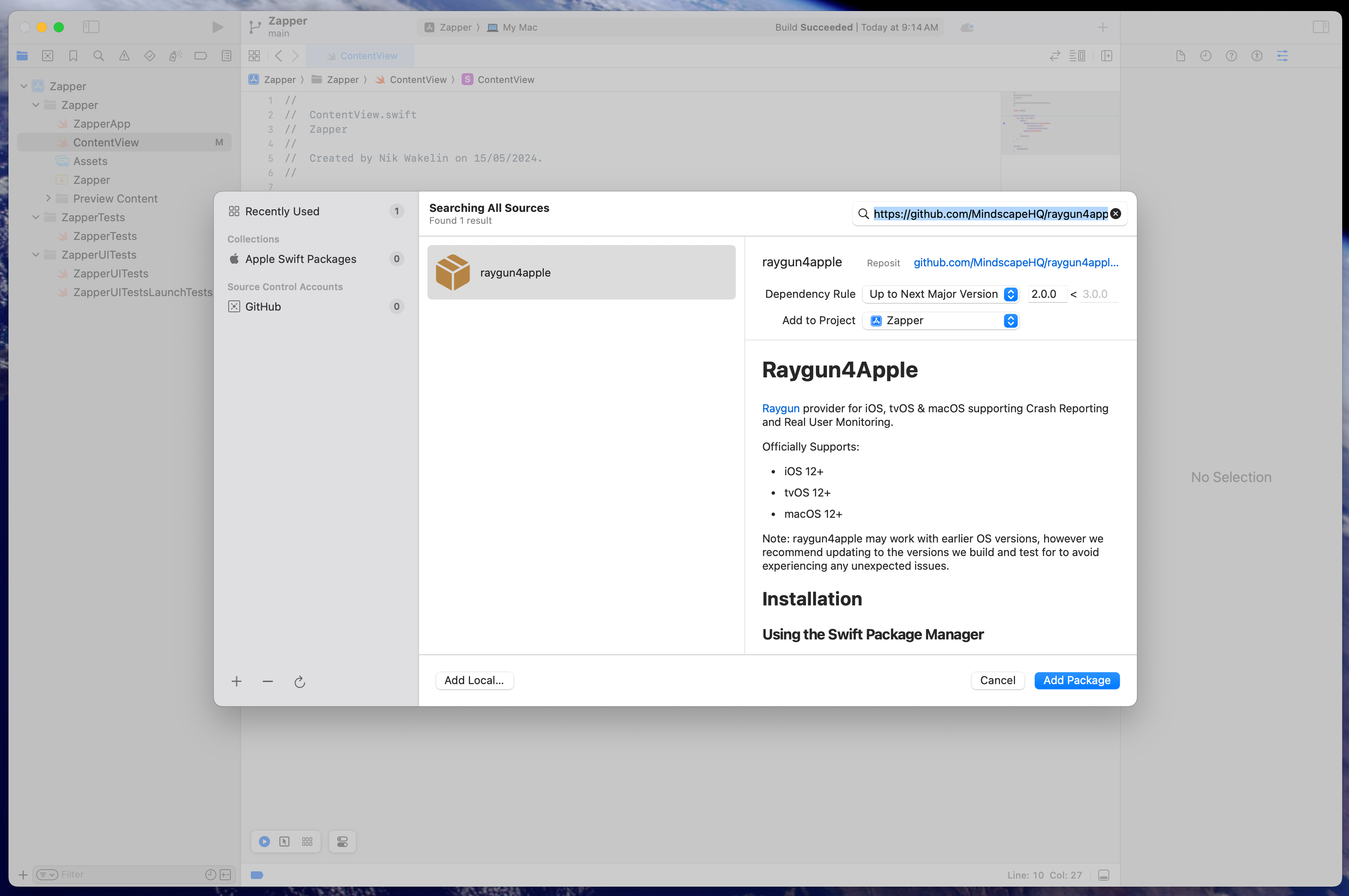 A screenshot showing the installation of Raygun inside Xcode