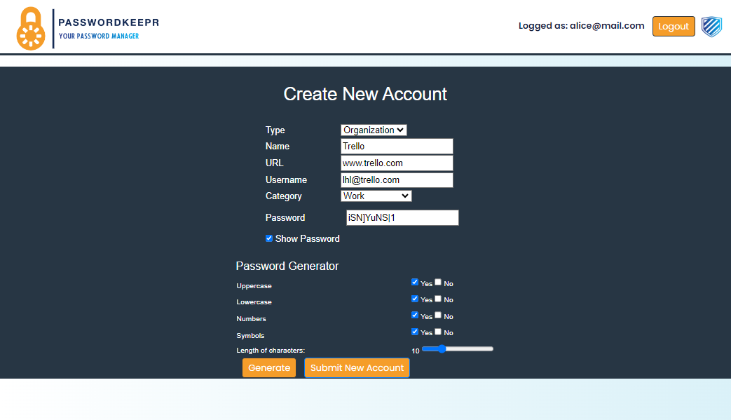 Password Keeper Create New Password