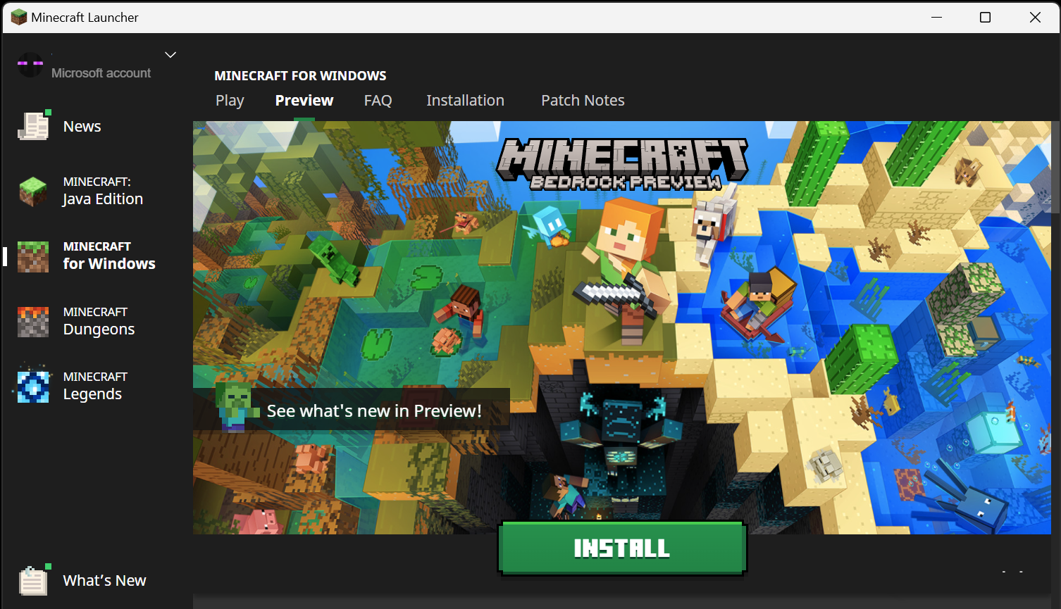 Image of installing Minecraft Bedrock Preview from the Minecraft Launcher