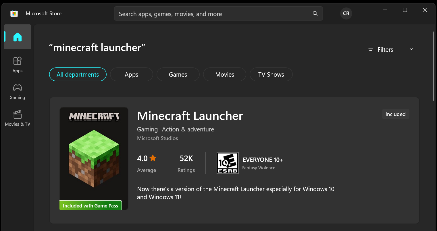Image of installing the Launcher from the Microsoft Store