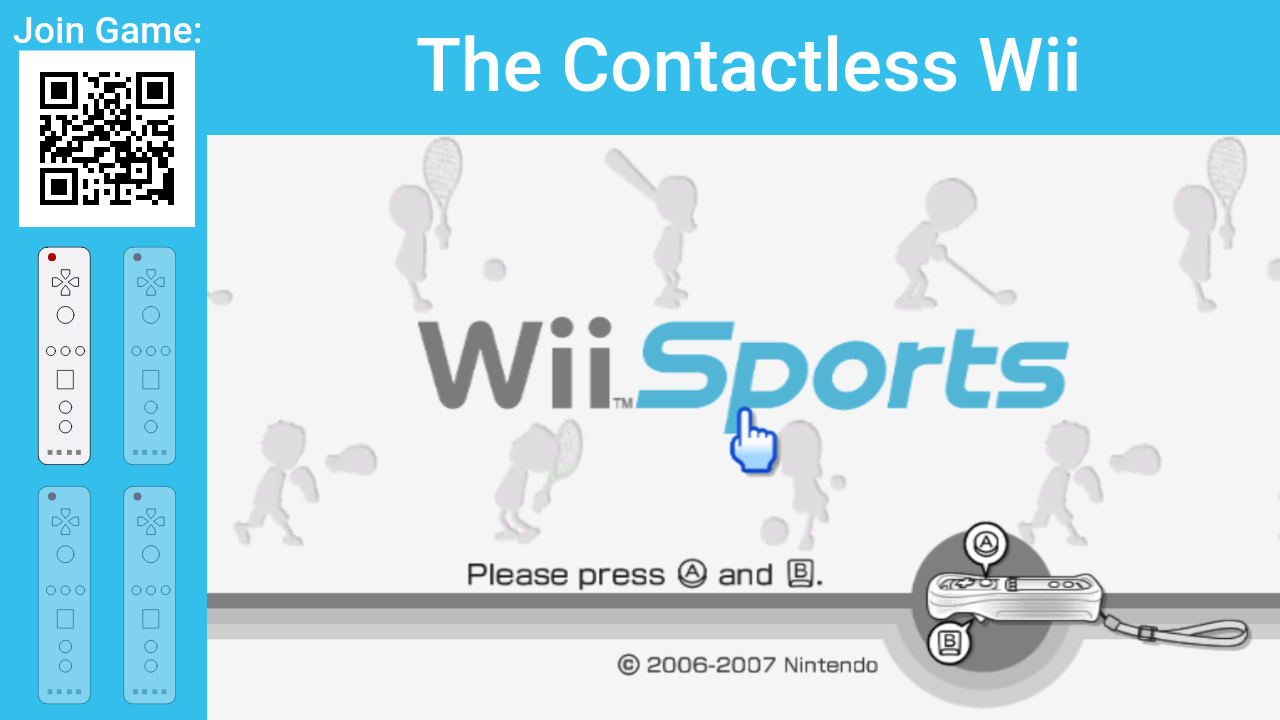 Display showing a QR code and Wii sports playing
