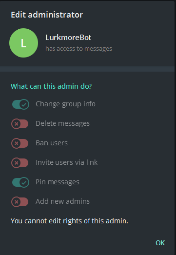 Example of the possible permissions for the bot