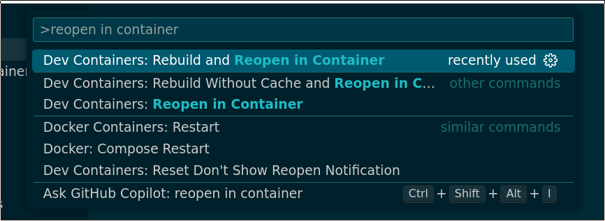 Shows "Reopen in Container" in command pallete.