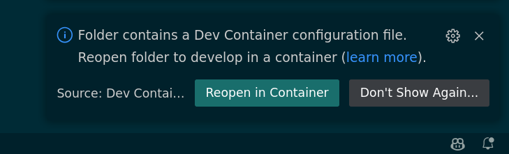 Shows "Reopen in Container" prompt when opening the cccl directory in VScode.