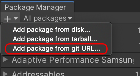 Package Manager -> + -> Add Package from git URL