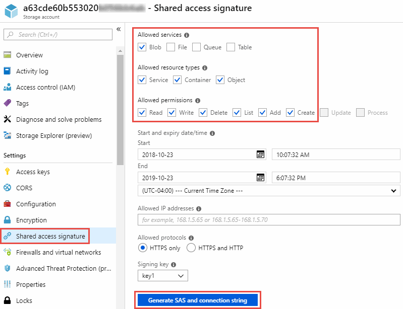 显示共享访问签名，可通过选择存储帐户并单击共享访问签名从 Azure 门户访问此签名。