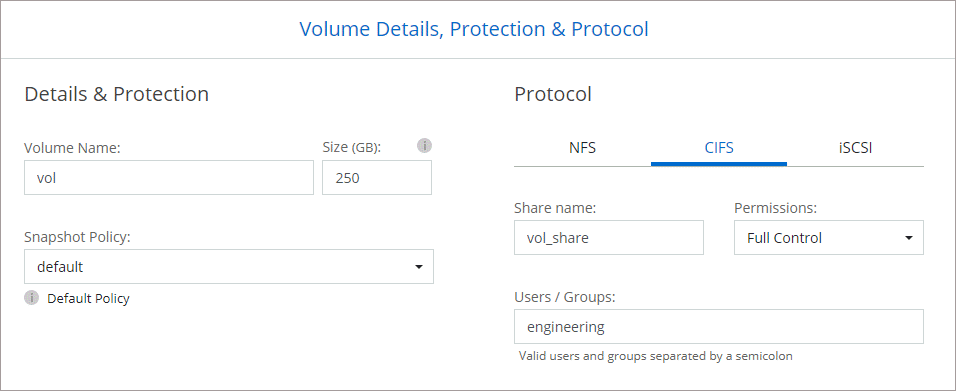 屏幕截图：显示为 Cloud Volumes ONTAP 实例填写的卷页面。