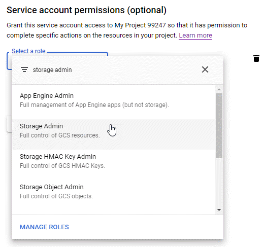 GCP IAM 控制台的屏幕截图，其中显示了为服务帐户选择的存储管理员角色。