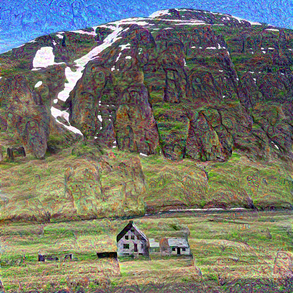 An image of a house with deep-dreamed monolith