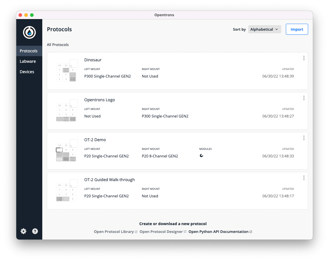 The Opentrons App, showing a sortable list of four protocols on the Protocols page. Each entry shows a small map of the OT-2 deck and lists the protocol's name, pipettes and modules used, and when the protocol was updated.