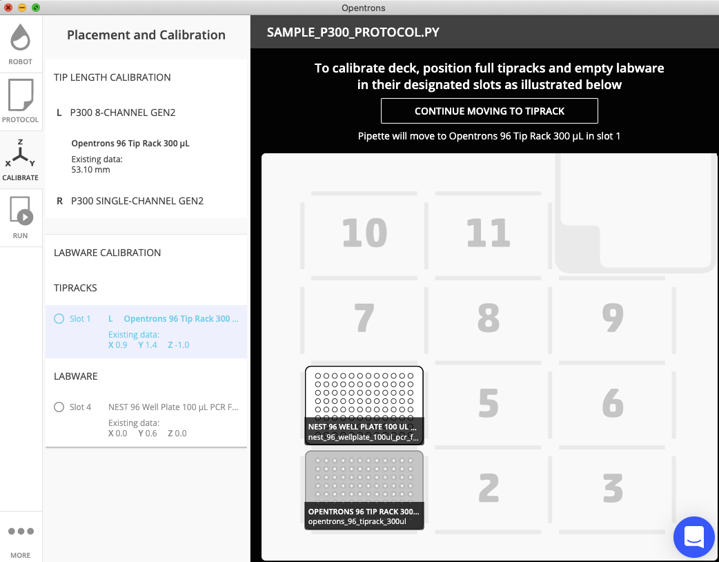 The Opentrons App, showing a map of where labware should be placed on the OT-2's deck for a certain protocol, and showing positional calibration data for pipettes and labware.