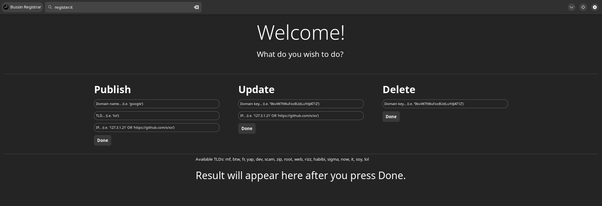 Preview of buss:https://register.it, the frontend for registering domains