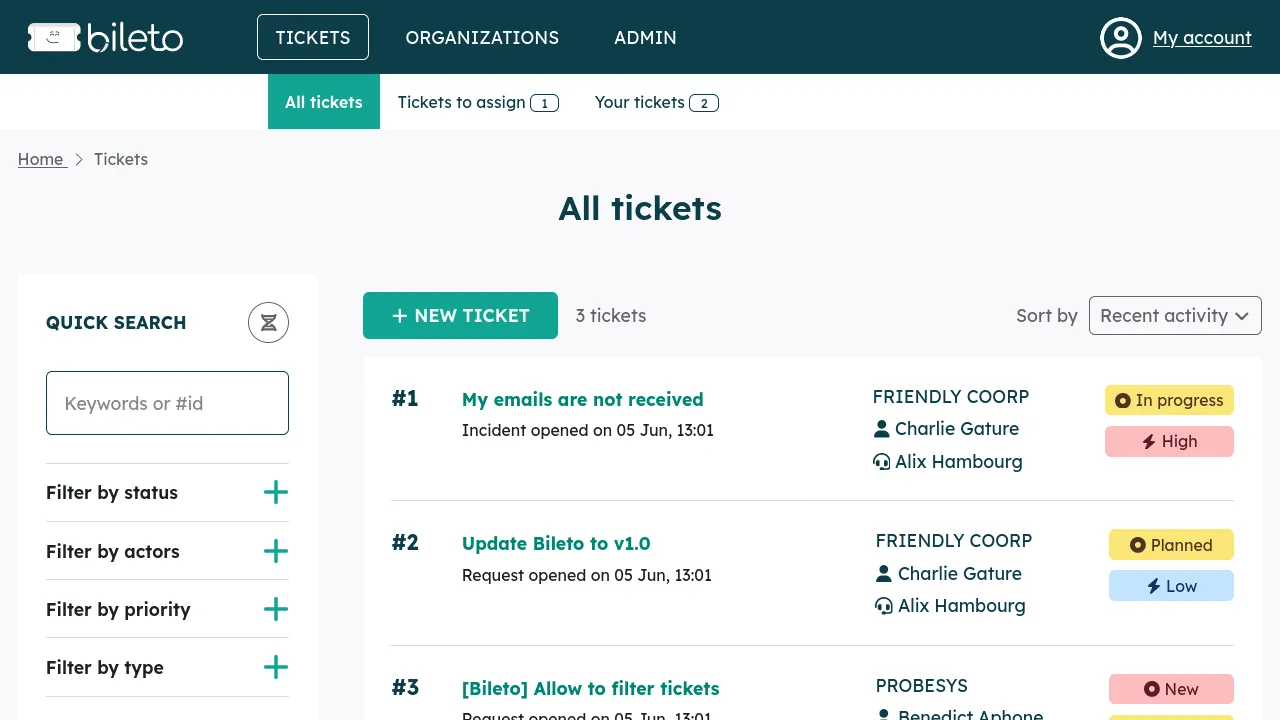 Screenshot of the tickets page of Bileto showing 3 opened tickets and a search form.