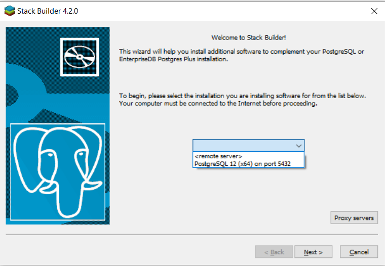 PostgreSQL Applciation Stack Builder start window