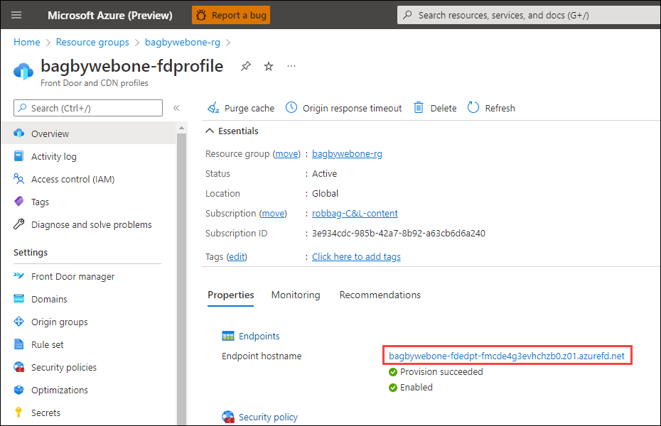 Azure Front Door endpoint hostname