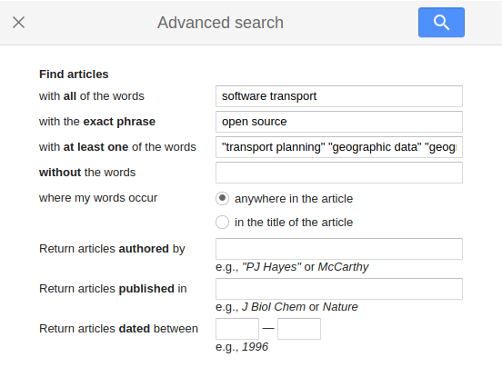 Illustration of the Google Scholar search terms used to identify open source software for geographic analysis in transport planning.