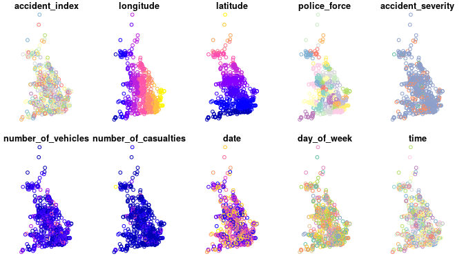 Columns of ‘a_sample’ variable plotted separately on a UK map.