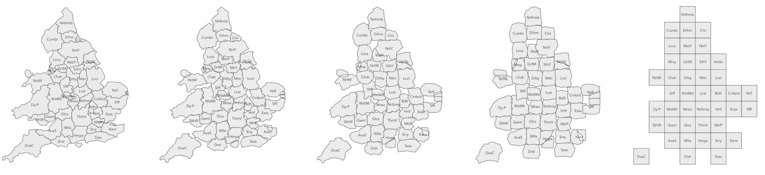 An approximate geographical layout of England and Wales police force areas following the layout algorithm published in Muelmans et al. (2017).