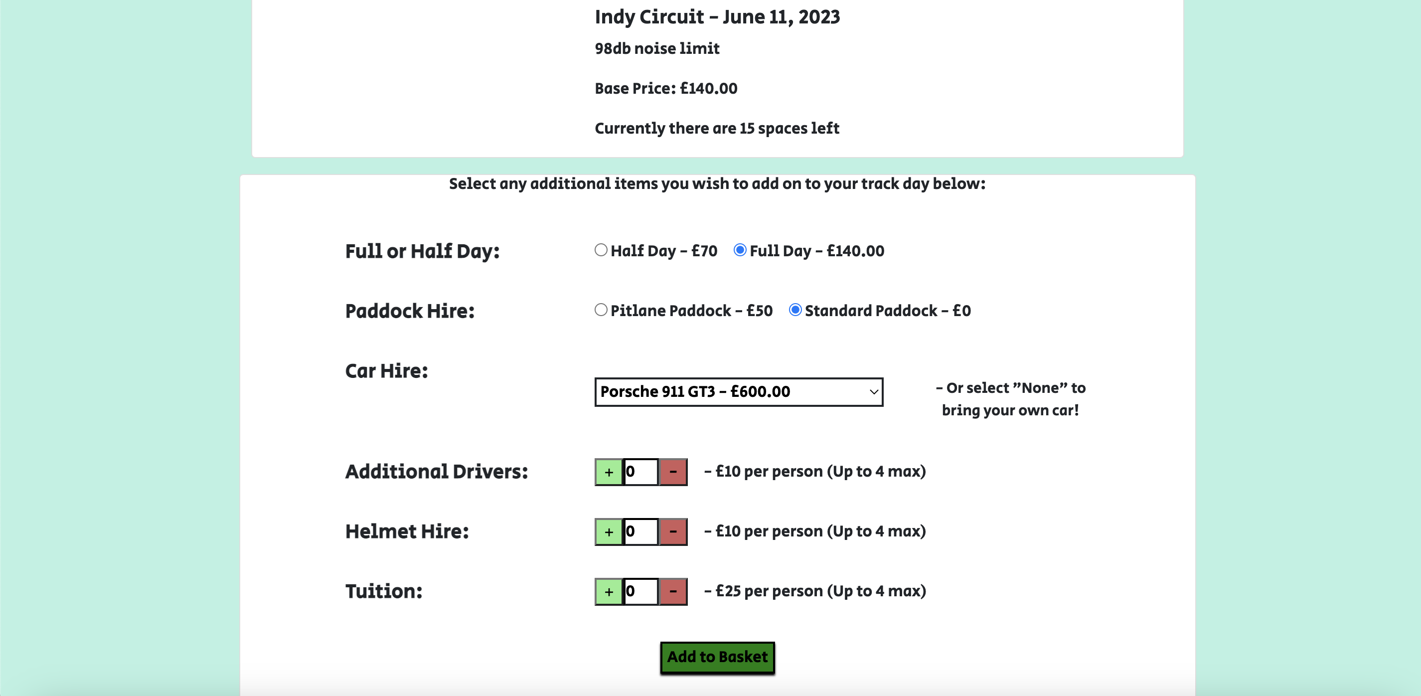 Trackday booking/detail page