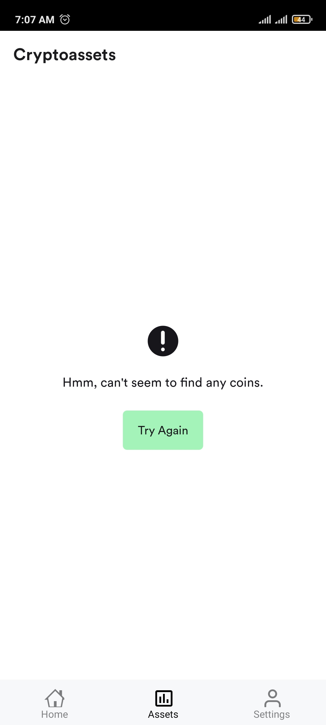 Coin list error screen