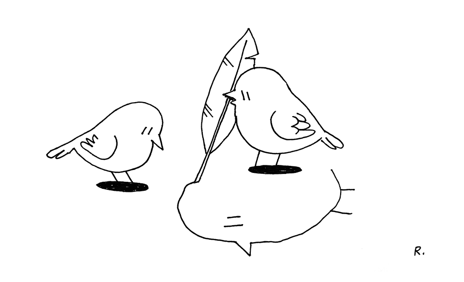 Line sketch of a bird drawing a bird on the floor with a quill while another bird is watching